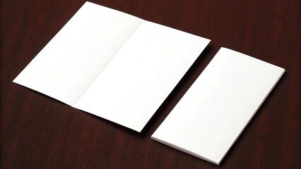 Blank folded brochure and a stack of paper on a dark wooden table