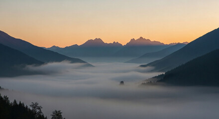 Misty Valley Serenity A Captivating Scene of Mountains and Fog at Sunrise