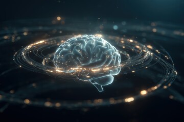 Digital brain visualization with swirling lights representing neural connections and data processing in a modern setting