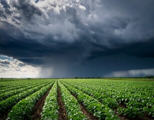 dark storm clouds over lush soybean fields with heavy rain in a rural landscape showcasing the impact of weather on agriculture
