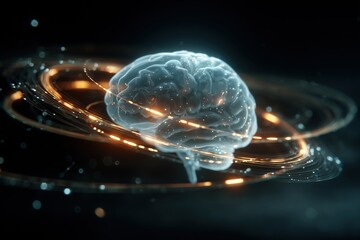 Digital rendering of a brain surrounded by glowing rings symbolizing thought and cognition in a futuristic setting