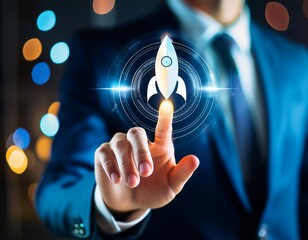 a business leader s hand activating a glowing rocket icon symbolizing the innovative spirit and forward thinking approach of a dynamic startup company embracing new technologies to shape the future