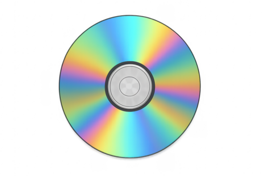 Optical disc reflecting rainbow holographic colors on transparent background