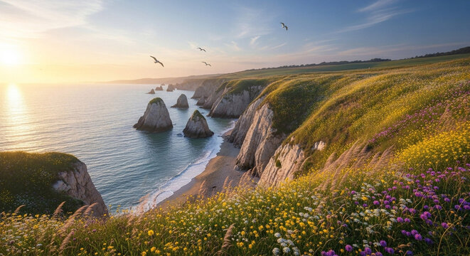 A sweeping panoramic view of a beautiful seaside bluff covered in vibrant wildflowers during a golden sunset over the ocean