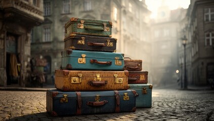 A stack of vintage suitcases sits on a cobblestone street in a hazy, old European city.  The luggage is worn and various colors