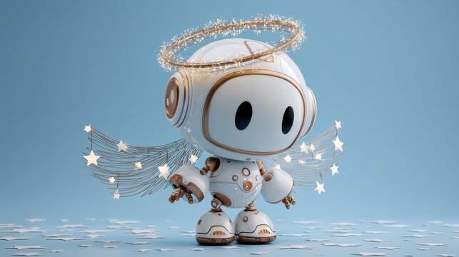 A whimsical robot with angelic wings and a halo stands against a light blue background, surrounded by scattered stars, exuding charm and innocence, cute Christmas robot