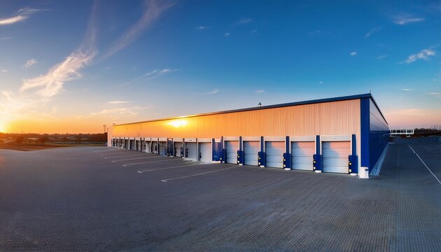 stunning exterior of a modern warehouse with loading bays in blue and white at golden hour - Powered by Adobe
