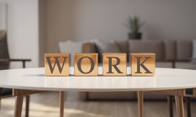 WORK" spelled with blocks on a white table; soft, blurred background