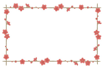 Japanese plum blossom frame with red flowers and branches on transparent background, decorative border design for New Year and spring