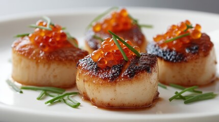 Grilled scallops with vibrant salmon roe garnished with fresh chives on a white plate, showcasing a gourmet culinary presentation and intricate textures.