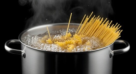 Stainless steel pot filled with boiling pasta, 