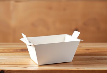 White cardboard takeout container with lid, empty,  clamshell,   packaging supplies