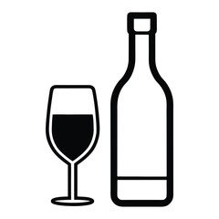 Black outline wine bottle and glass with dark red liquid wine glass drink