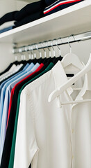 Obraz premium Shirts hanging neatly in wardrobe. A minimalist shot of closet organization. Home styling, contemporary living, personal style.