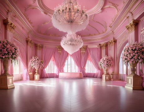 elegant pink ballroom with chandeliers digital wedding backdrop for photography