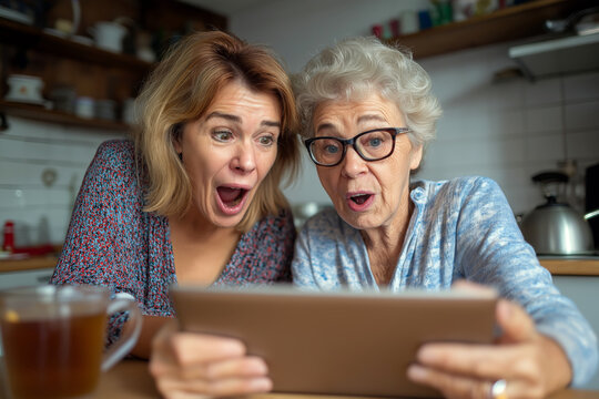 Adult woman and elderly mother reacting to funny video on tablet, expressive laughter, kitchen counter with tea, shared tech moment.