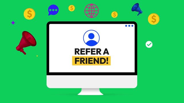 Refer a Friend marketing strategy 4k animation with floating shapes on the LCD screen and green backdrop for keying