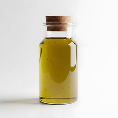 Glass jar of olive oil with cork,