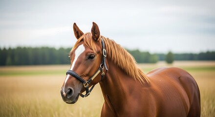 Beautiful Chestnut Horse in Field.