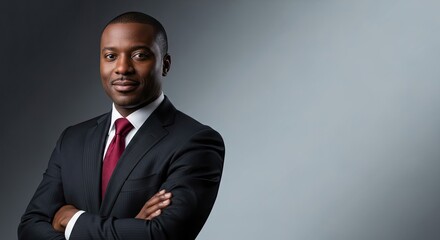A confident African American businessman in a suit with a red tie, standing against a gray background.