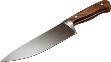 Silver Chef's Knife with Brown Wooden Handle on Transparent Background