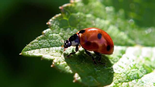 A ladybug rests on a green leaf. The beetle is orange with black spots. The leaf is textured and veined, bathed in sunlight