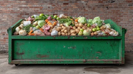 Overflowing dumpster filled with discarded vegetables and fruits, showcasing food waste and environmental impact of waste disposal in urban settings