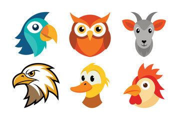 Colorful Cartoon Bird and Farm Animal Head Icons – Parrot, Owl, Goat, Eagle, Duck, Rooster