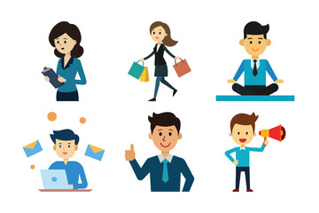Cartoon People Activity Icons – Shopping, Meditation, Work, Communication, Approval, Speaking
