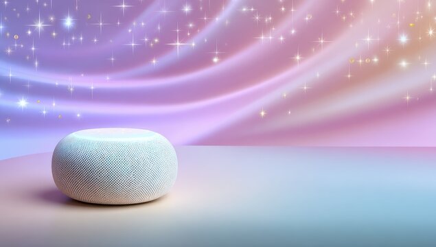 A textured, off-white cylindrical smart speaker sits on a pale pink and blue surface, before a dreamy purple and pink background with sparkling stars and flowing light trails