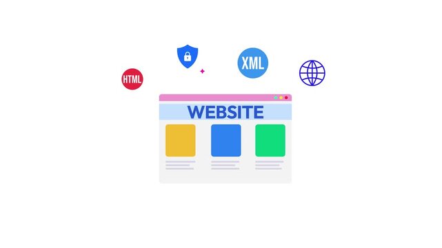 Website Building process infographics 4k animation with floating shapes. Auto, drag and drop, news, seo, ranking