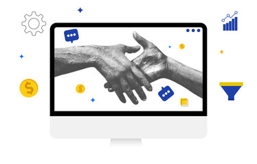 Hand shaking on the computer screen showing business deal concept with floating shapes around it, transparent png