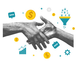 Handshake deal concept in business term with leads, funnels, conversions, growth, strategy floating around, png