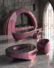 A sophisticated, modern kitchen and seating area featuring a rich, magenta-toned, curved design with a marble countertop and golden accents in a stone-walled interior.