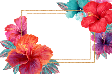 Tropical watercolor floral border frame pink orange botanical leaf accent. Isolated on transparent.
