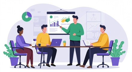 Fototapeta premium Business Meeting Illustration with Teamwork and Presentation in Modern Office Room Showing Charts, Graphs, and Discussion Among Diverse Colleagues in Flat Vector Style