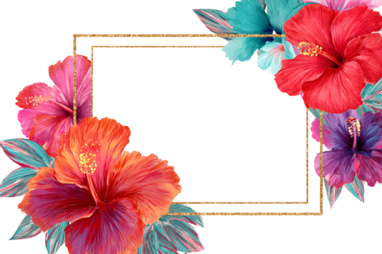 Tropical watercolor floral border frame pink orange botanical leaf accent. Isolated on transparent.