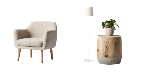 Cream Colored Chair With Wooden Legs, White Floor Lamp, And Wooden Table With Potted Plant