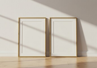 Two Gold-Framed Blank Art Prints Leaning Against White Wall, Sunlight Shadows.