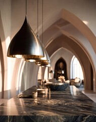 A modern kitchen island with a dark granite countertop and a row of pendant lights, showcasing an elegant, sophisticated interior design.