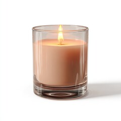 Clear glass candle holder with peach-colored wax, lit flame