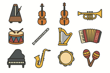 Colorful musical instruments collection featuring violin, trumpet, and piano