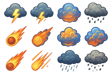 Colorful weather icons: lightning, storm clouds, fireballs, and rain illustrations
