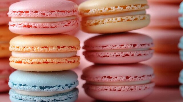 Colorful French Macaron Cookies Stacked in Neat Rows.