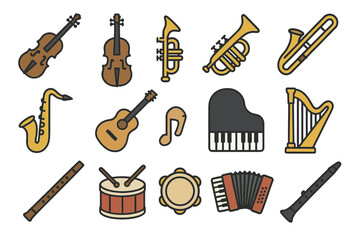 Collection of musical instruments illustrations: piano, guitar, violin, trumpet, saxophone