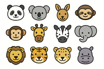 Fototapeta premium Cartoon animal faces: panda, koala, kangaroo, monkey, giraffe, zebra, elephant, lion, tiger, cheetah, hippopotamus