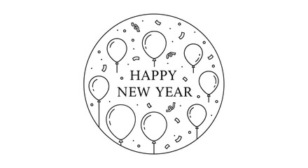 A celebratory circular design with balloons and confetti, wishing a "Happy New Year.".