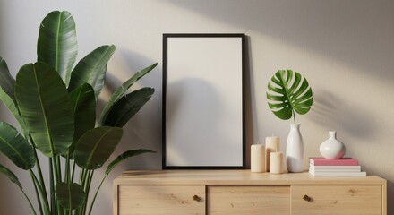 Vertical Black Frame Mockup on Wooden Sideboard with Tropical Plants and Decor