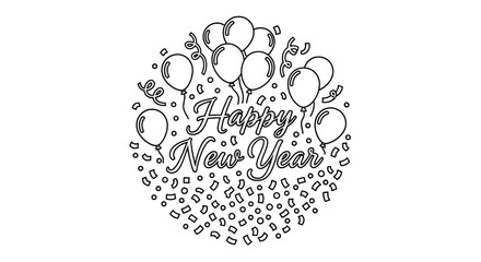 Festive black and white illustration celebrating the new year with balloons and confetti.