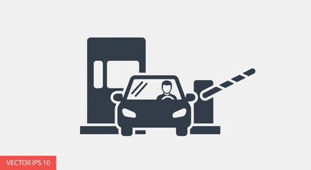 A dark blue car passing through a toll booth with a driver visible inside the vehicle.